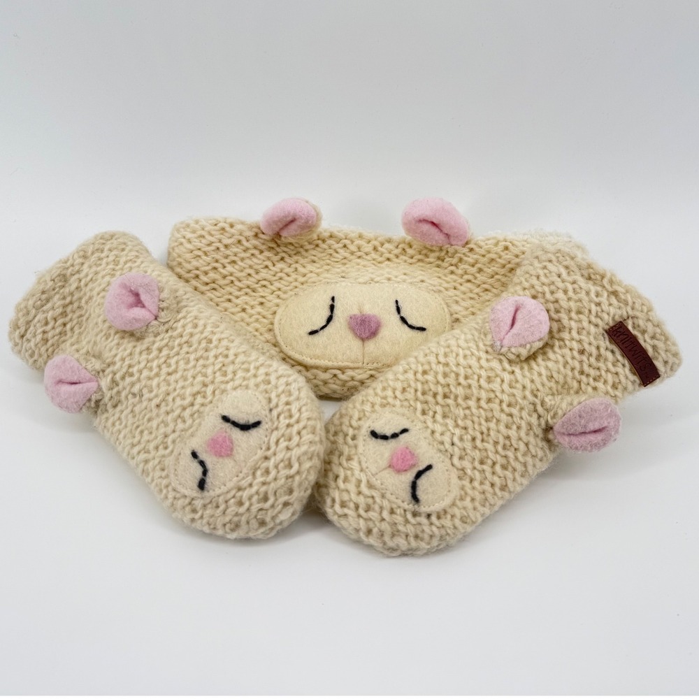 Knitwits Lamb Mittens Headband Set Wool Cream Fleece Lined Chunky Knit Boho Warm